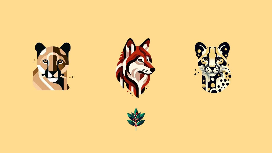 Illustration featuring three stylized native animals: a Florida panther, a red wolf, and a Texas ocelot, accompanied by yaupon holly leaves and berries, symbolizing the connection between nature and sustainability.