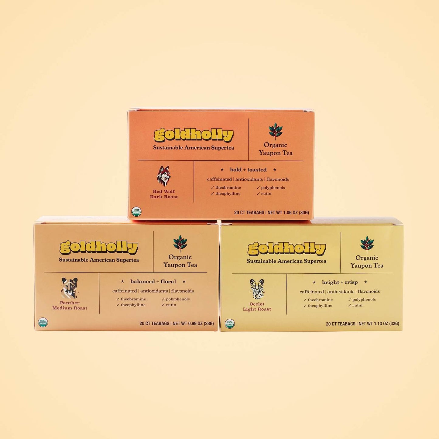 Clean product display of Goldholly bundle pack featuring all three roast varieties side by side - bright and crisp Ocelot Light Roast, balanced and floral Panther Medium Roast, and bold and toasted Red Wolf Dark Roast. Complete collection of organic American yaupon tea showcasing the full flavor spectrum.