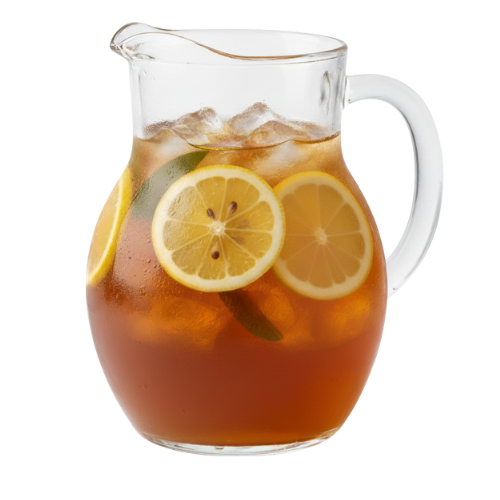 A clear glass pitcher filled with an iced beverage made with caffeinated yaupon holly, with lemon slices and mint within.
