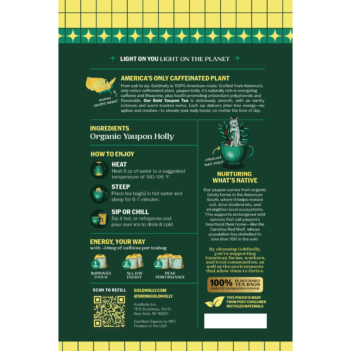 Goldholly Bold organic yaupon tea packaging back: brewing instructions, ingredients organic yaupon holly, about 30mg caffeine per teabag, 100% plant-based tea bags