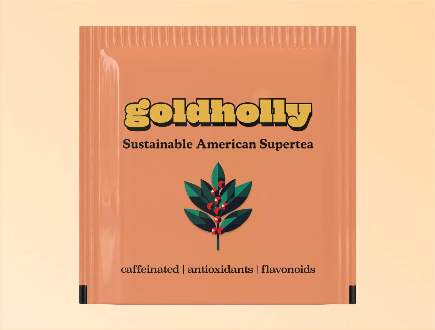 Individual terracotta-colored teabag packaging for Goldholly yaupon tea. The sachet features the yellow Goldholly logo at top, 'Sustainable American Supertea' tagline, and a geometric illustration of a yaupon holly branch with green leaves and red berries. At the bottom is the text 'caffeinated | antioxidants | flavonoids' describing the tea's properties.