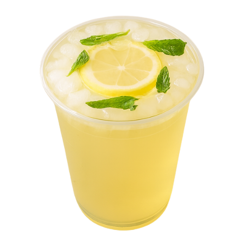 A clear plastic cup filled with a refresher beverage made with caffeinated yaupon holly, topped by a lemon slice and mint leaves.