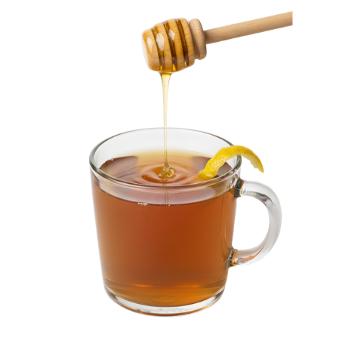 A clear glass mug filled with a hot beverage made with caffeinated yaupon holly, garnished with an orange peel and with honey being drizzled in.