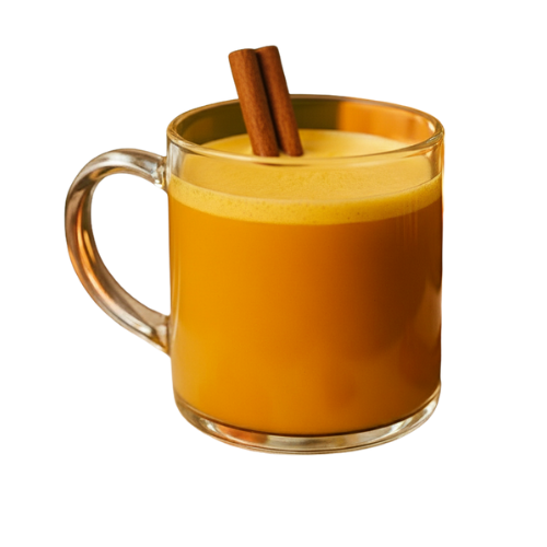 Glass mug with a yaupon pumpkin latte and a cinnamon stick in it.