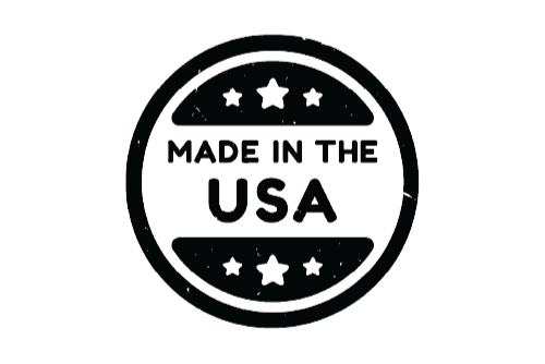 Black and white circular Made in USA certification badge with stars, symbolizing domestic production and American manufacturing heritage.