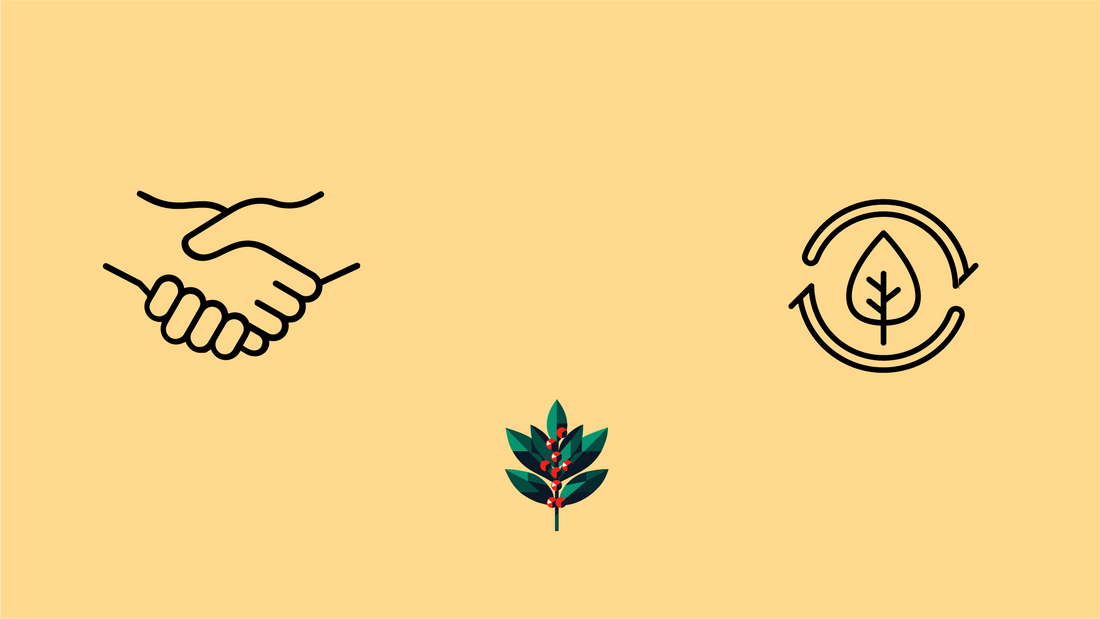 Partnership handshake and regenerative agriculture cycle with yaupon holly plant, representing Goldholly's direct relationships with American family farms practicing sustainable land management that supports rural communities