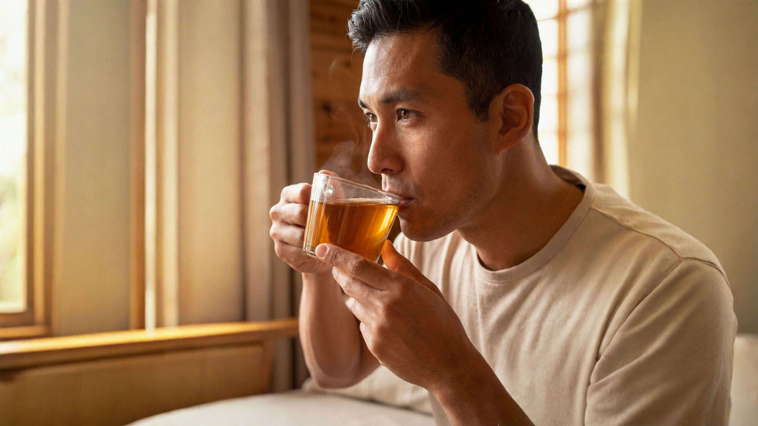 Man sipping a golden amber yaupon tea from a clear glass cup with steam rising in a warm sunlit room.