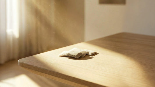 A small stack of square Goldholly yaupon tea bags resting on the corner of a light oak wooden table, illuminated by a warm, golden sunbeam with visible dust motes in the air and soft-focus curtains in the background.