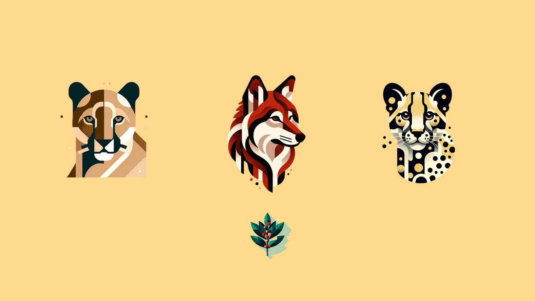 Illustration featuring three stylized native animals: a Florida panther, a red wolf, and a Texas ocelot, accompanied by yaupon holly leaves and berries, symbolizing the connection between nature and sustainability.