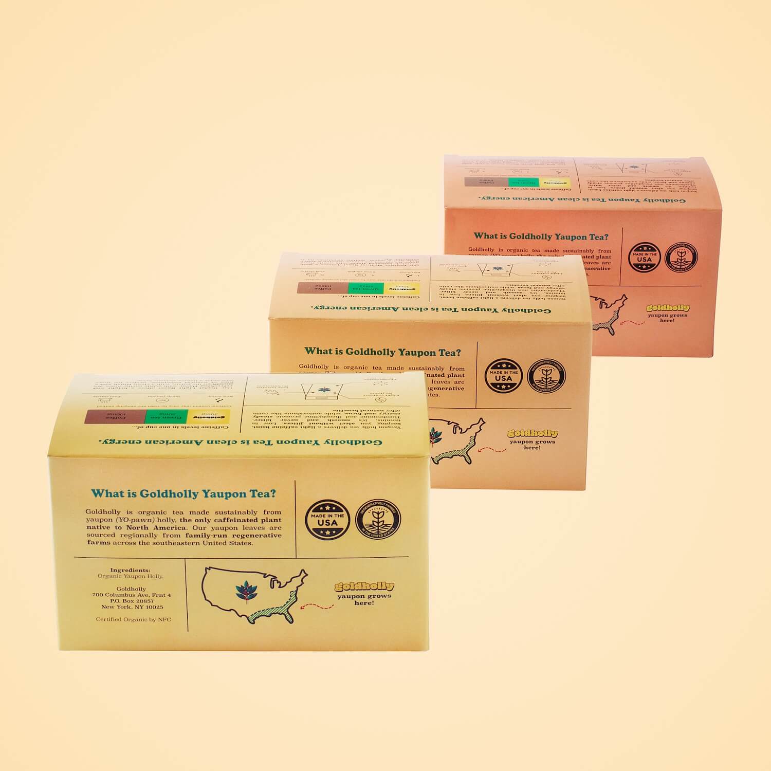 Three Goldholly bundle pack boxes displayed showing informational back panels with US maps, Made in USA and Regenerative American stamps, and brand story. Complete educational experience about America's only native caffeinated plant varieties.