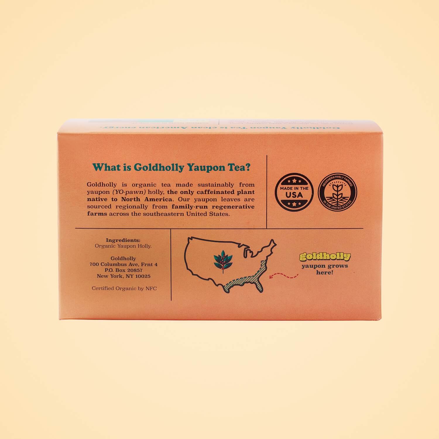 Back panel of Goldholly Red Wolf Dark Roast box featuring brand story, US growing regions map, and Made in USA and Regenerative American stamps for sustainable American yaupon tea.