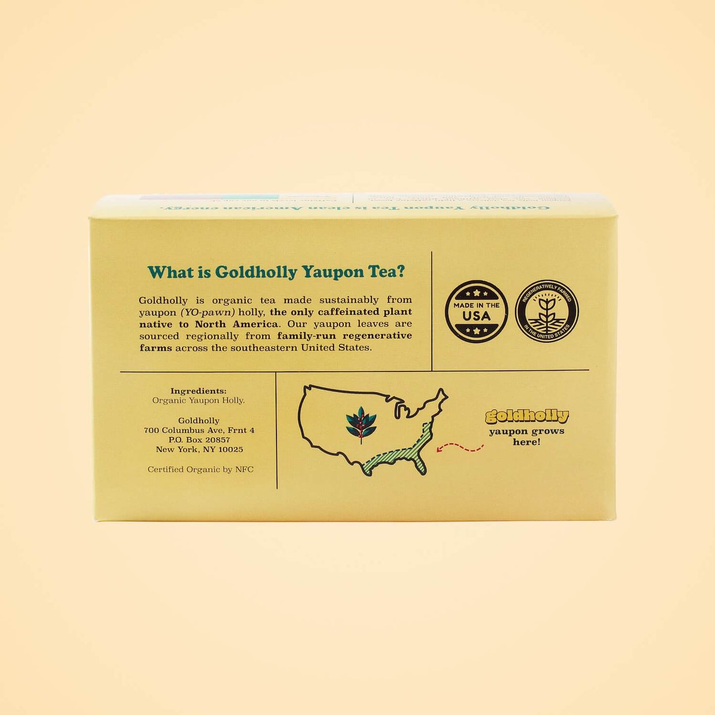 Back panel of Goldholly Ocelot Light Roast box displaying 'What is Goldholly Yaupon Tea?' with US map showing native growing regions and Made in USA certification badges.