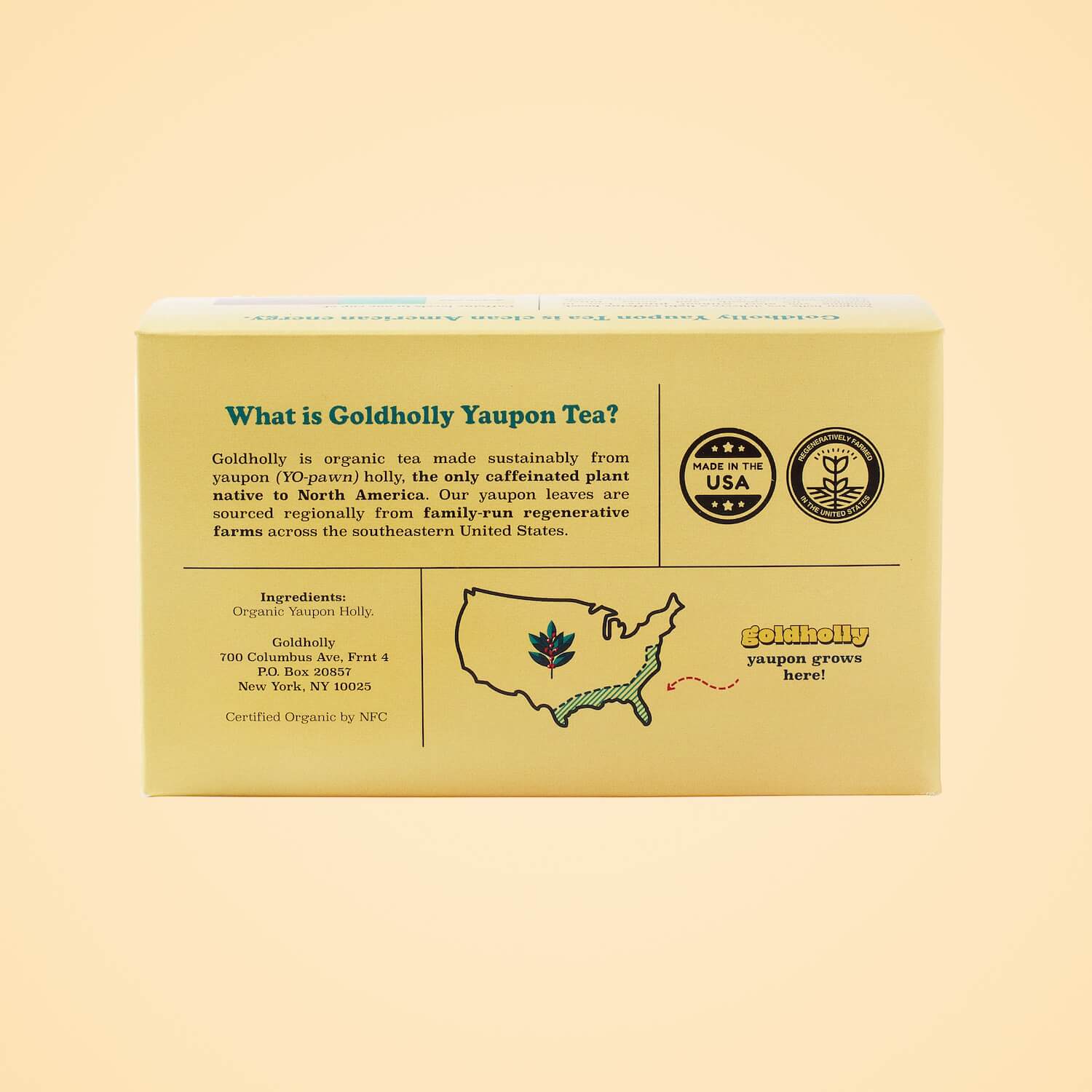 Back panel of Goldholly Ocelot Light Roast box displaying 'What is Goldholly Yaupon Tea?' with US map showing native growing regions and Made in USA certification badges.