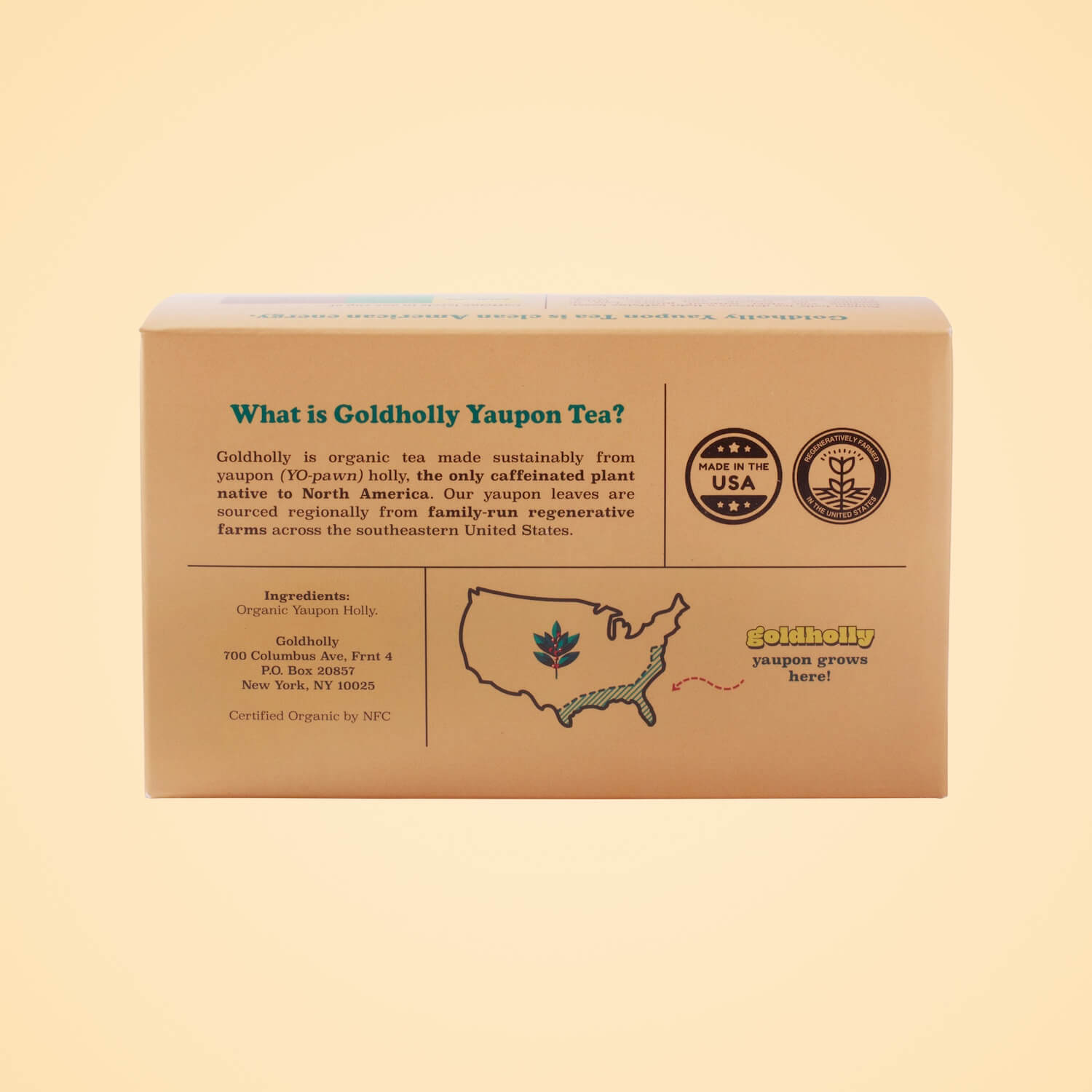 Back panel of Goldholly Panther Medium Roast box with detailed brand information, US map, and Made in USA and Regenerative America stamps highlighting sustainable American yaupon tea sourcing.