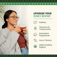 Woman sipping hot Goldholly organic yaupon tea; benefits list: caffeine, theacrine, theobromine, antioxidant polyphenols, low tannins, USDA Organic--2