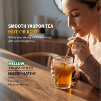 Woman sipping iced yaupon tea through a gold straw with Smooth Yaupon Tea Hot or Iced messaging and Mellow tasting notes: Malted + Earthy, Mild, Flowery, Medium-Bodied--3