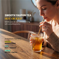 Woman sipping iced yaupon tea through a gold straw at a wooden table with Smooth Yaupon Tea Hot or Iced and all three flavor profiles listed: Bright + Crisp, Rich + Toasted, Malted + Earthy--3