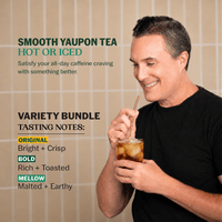 Man drinking iced Goldholly yaupon tea Variety Bundle; three flavors: Original bright and crisp, Bold rich and toasted, Mellow malted and earthy--3