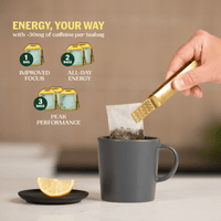 Goldholly organic yaupon teabag lowered into a mug with lemon; about 30mg caffeine per bag, 1 bag for focus, 2 for all-day energy, 3 for peak performance--4