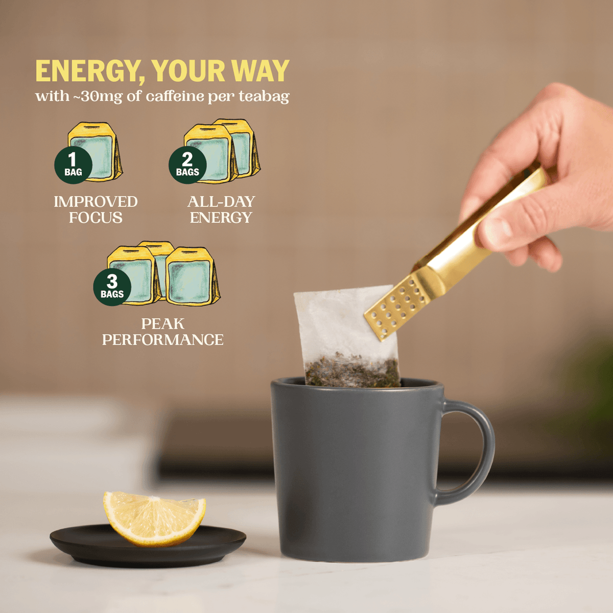 Goldholly organic yaupon teabag lowered into a mug with lemon; about 30mg caffeine per bag, 1 bag for focus, 2 for all-day energy, 3 for peak performance--4