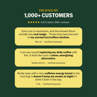 Goldholly Trusted by 1,000+ Customers social proof graphic with 4.8 out of 5 stars and three verified customer reviews praising the clean caffeine energy boost and flavor range--5
