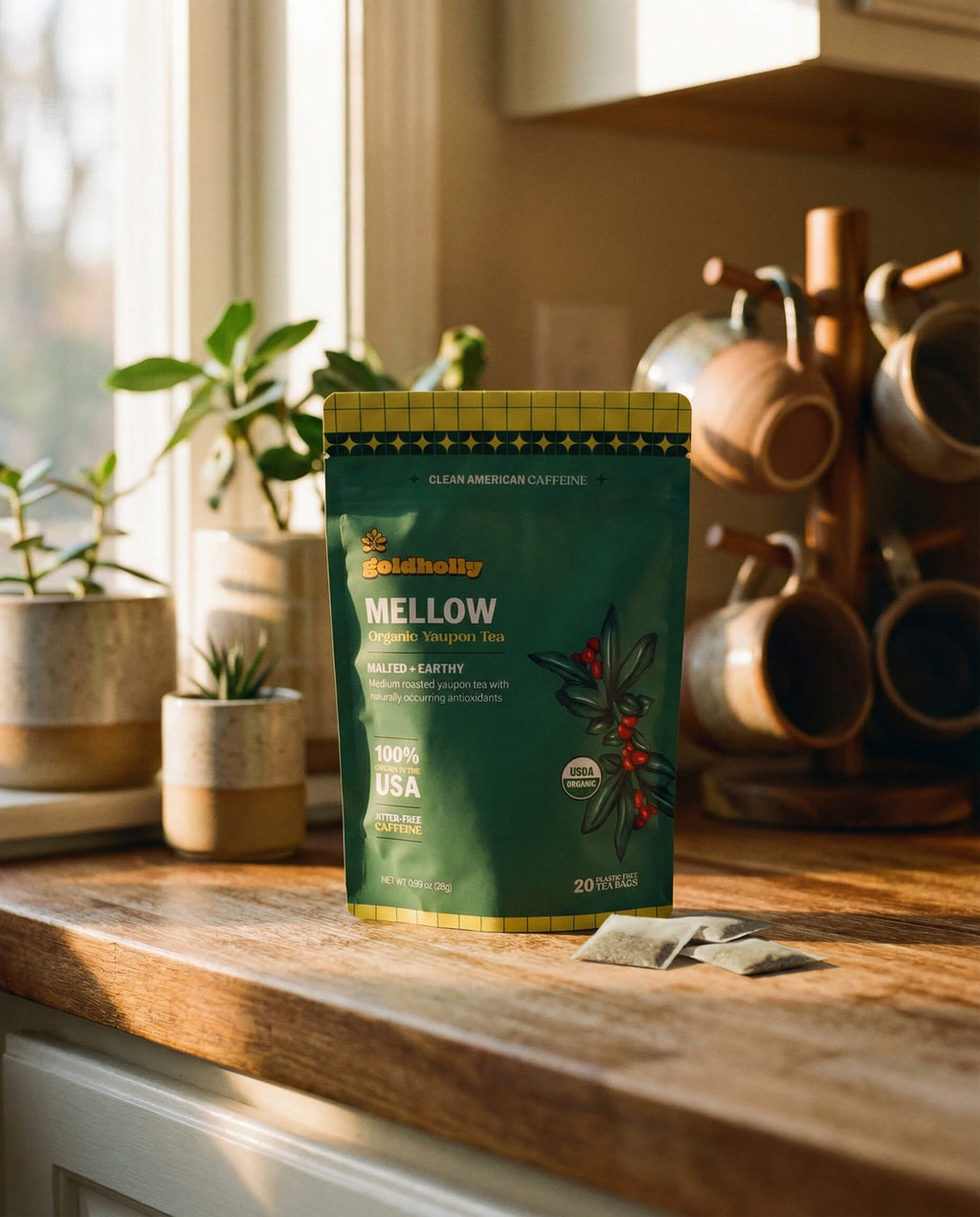 Goldholly Mellow organic yaupon tea pouch on a warm sunlit kitchen counter with loose teabags beside it, copper mug tree and green plants in the background--6