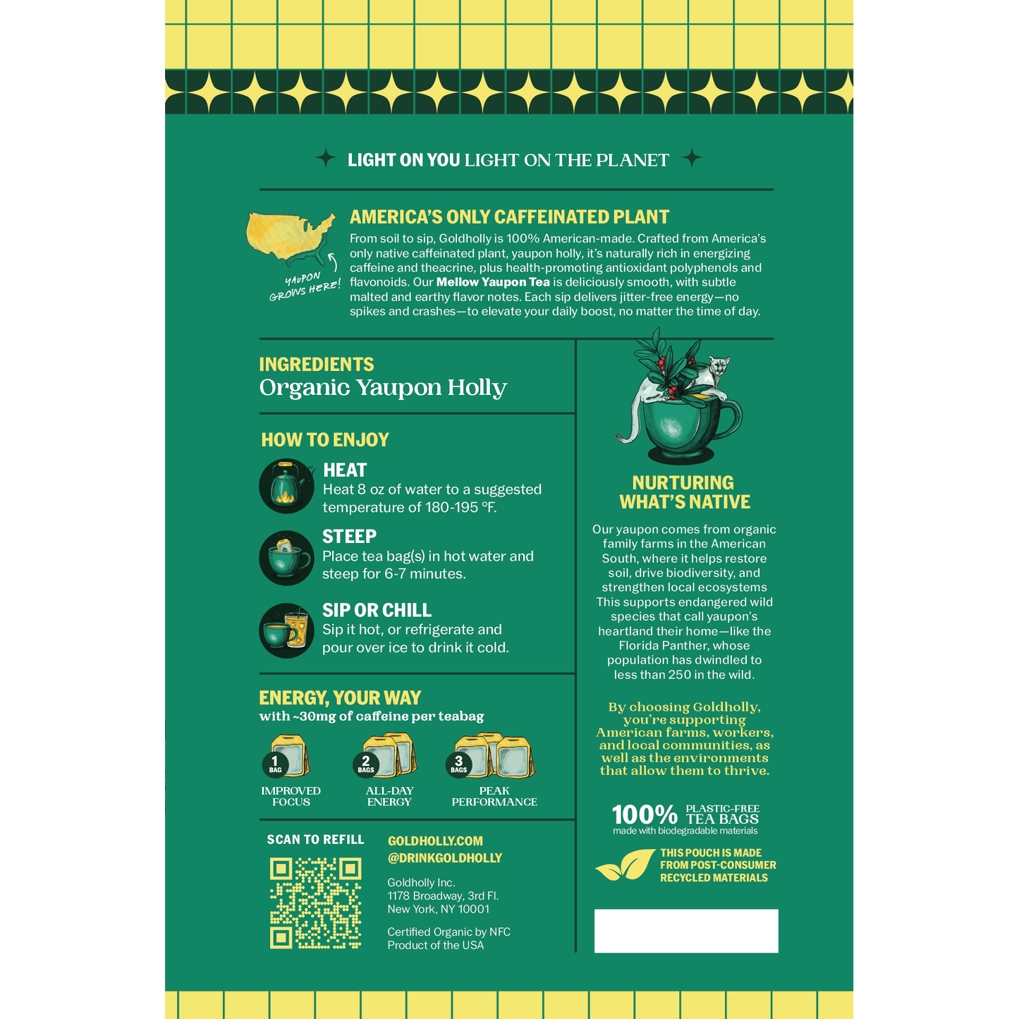 Back panel of Goldholly Mellow yaupon tea pouch showing America's Only Caffeinated Plant story, How to Enjoy brewing instructions, Energy Your Way dosing guide, Nurturing What's Native conservation message with Florida Panther, and plant-based teabag details