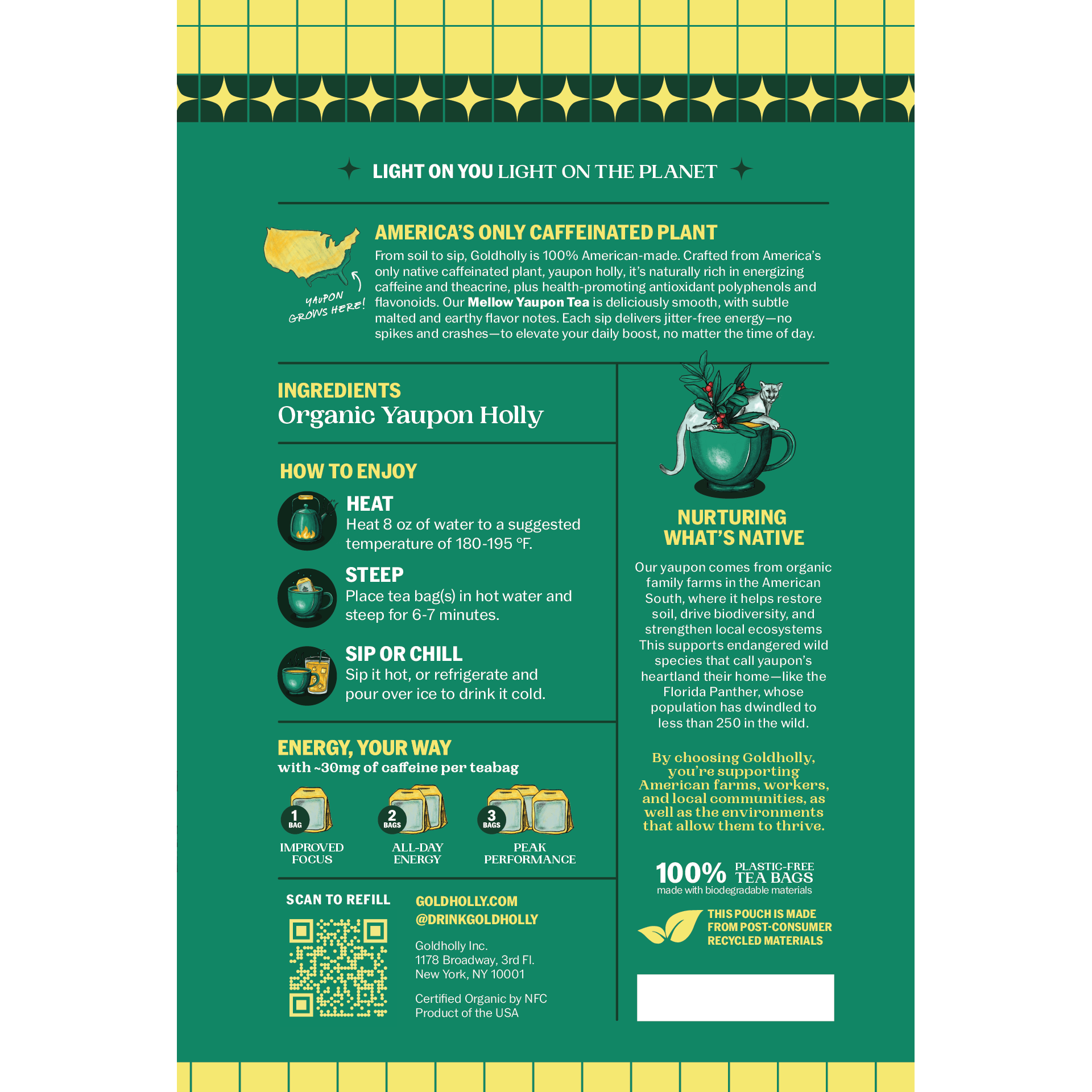 Back panel of Goldholly Mellow yaupon tea pouch showing America's Only Caffeinated Plant story, How to Enjoy brewing instructions, Energy Your Way dosing guide, Nurturing What's Native conservation message with Florida Panther, and plant-based teabag details