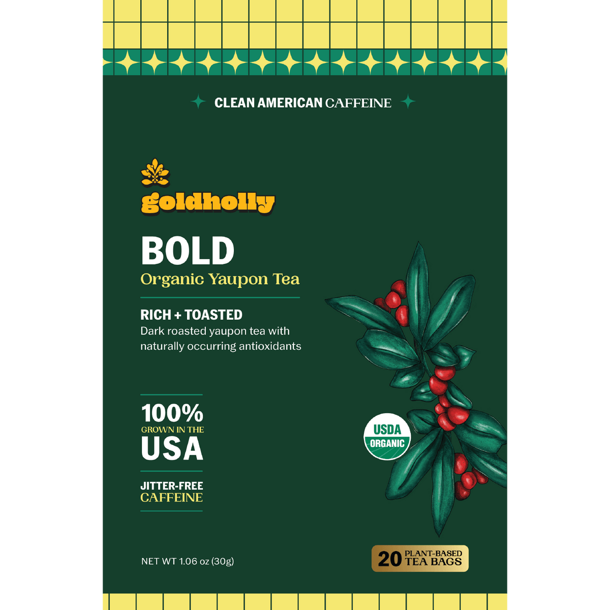 Goldholly Bold organic yaupon tea packaging front: rich and toasted dark roast, 100% grown in the USA, jitter-free caffeine, USDA Organic, 20 plant-based tea bags