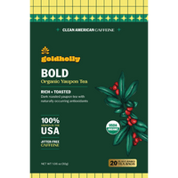 Goldholly Bold organic yaupon tea packaging front: rich and toasted dark roast, 100% grown in the USA, jitter-free caffeine, USDA Organic, 20 plant-based tea bags--6