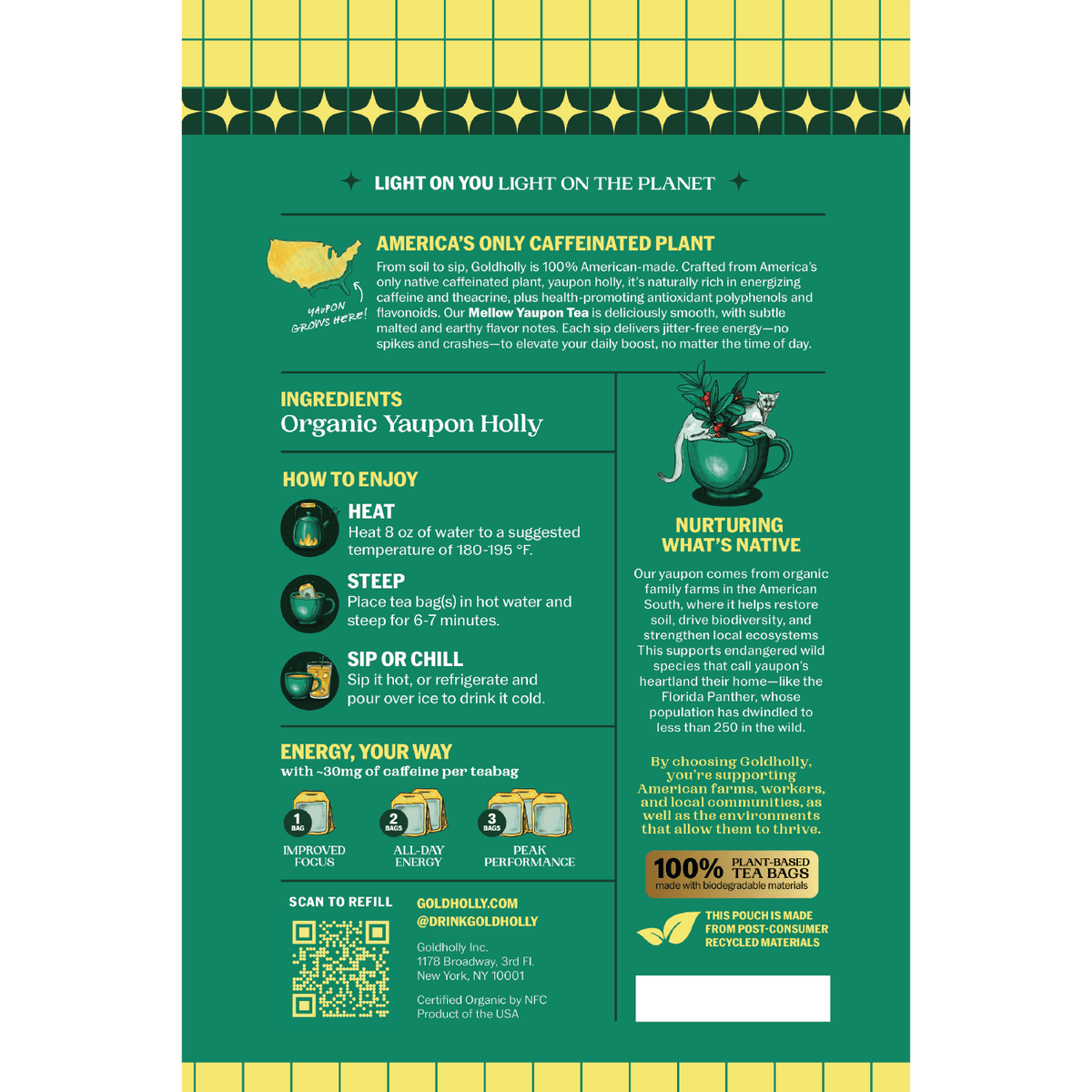 Goldholly Mellow organic yaupon tea packaging back: brewing instructions, ingredients organic yaupon holly, about 30mg caffeine per teabag, 100% plant-based tea bags
