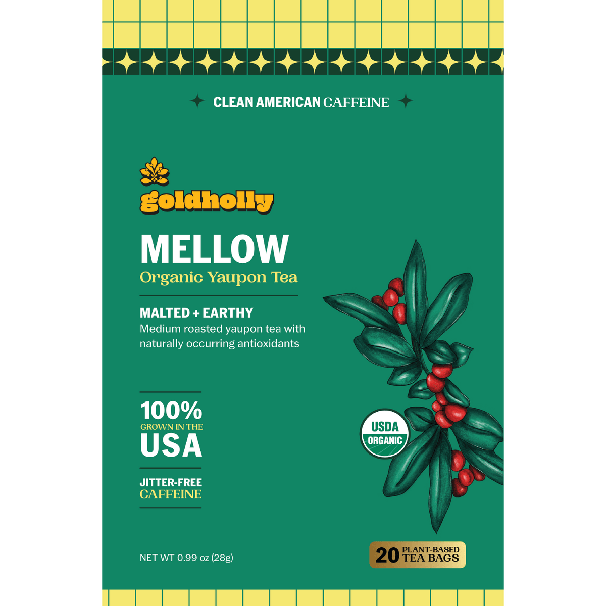 Goldholly Mellow organic yaupon tea packaging front: malted and earthy medium roast, 100% grown in the USA, jitter-free caffeine, USDA Organic, 20 plant-based tea bags