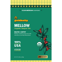 Goldholly Mellow organic yaupon tea packaging front: malted and earthy medium roast, 100% grown in the USA, jitter-free caffeine, USDA Organic, 20 plant-based tea bags--6