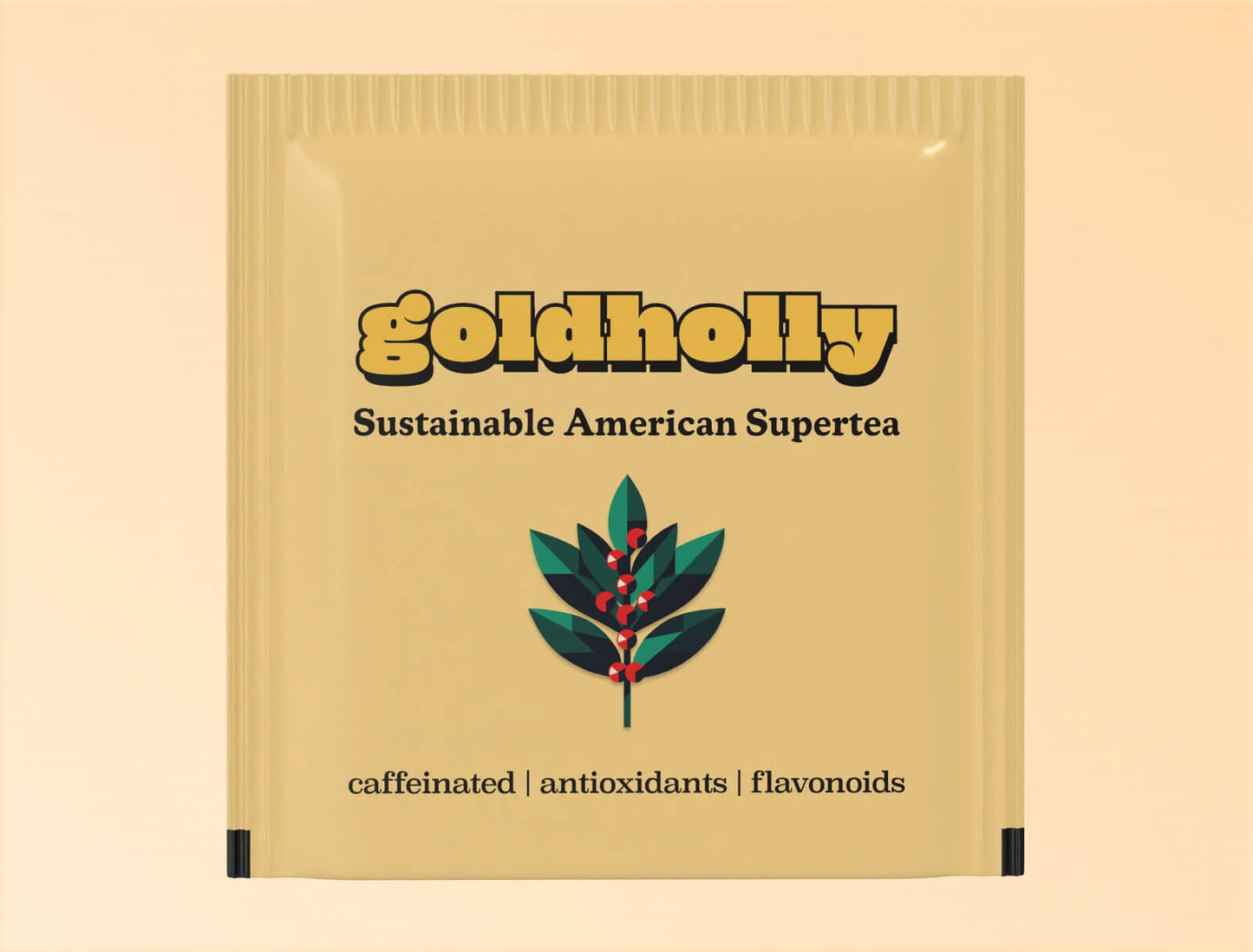Individual light yellow teabag packaging for Goldholly yaupon tea. The sachet features the yellow Goldholly logo at top, 'Sustainable American Supertea' tagline, and a geometric illustration of a yaupon holly branch with green leaves and red berries. At the bottom is the text 'caffeinated | antioxidants | flavonoids' describing the tea's properties.