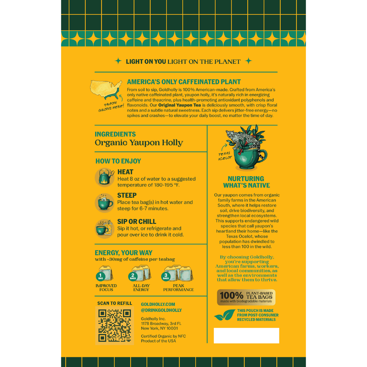 Goldholly Original organic yaupon tea packaging back: brewing instructions, ingredients organic yaupon holly, about 30mg caffeine per teabag, 100% plant-based tea bags