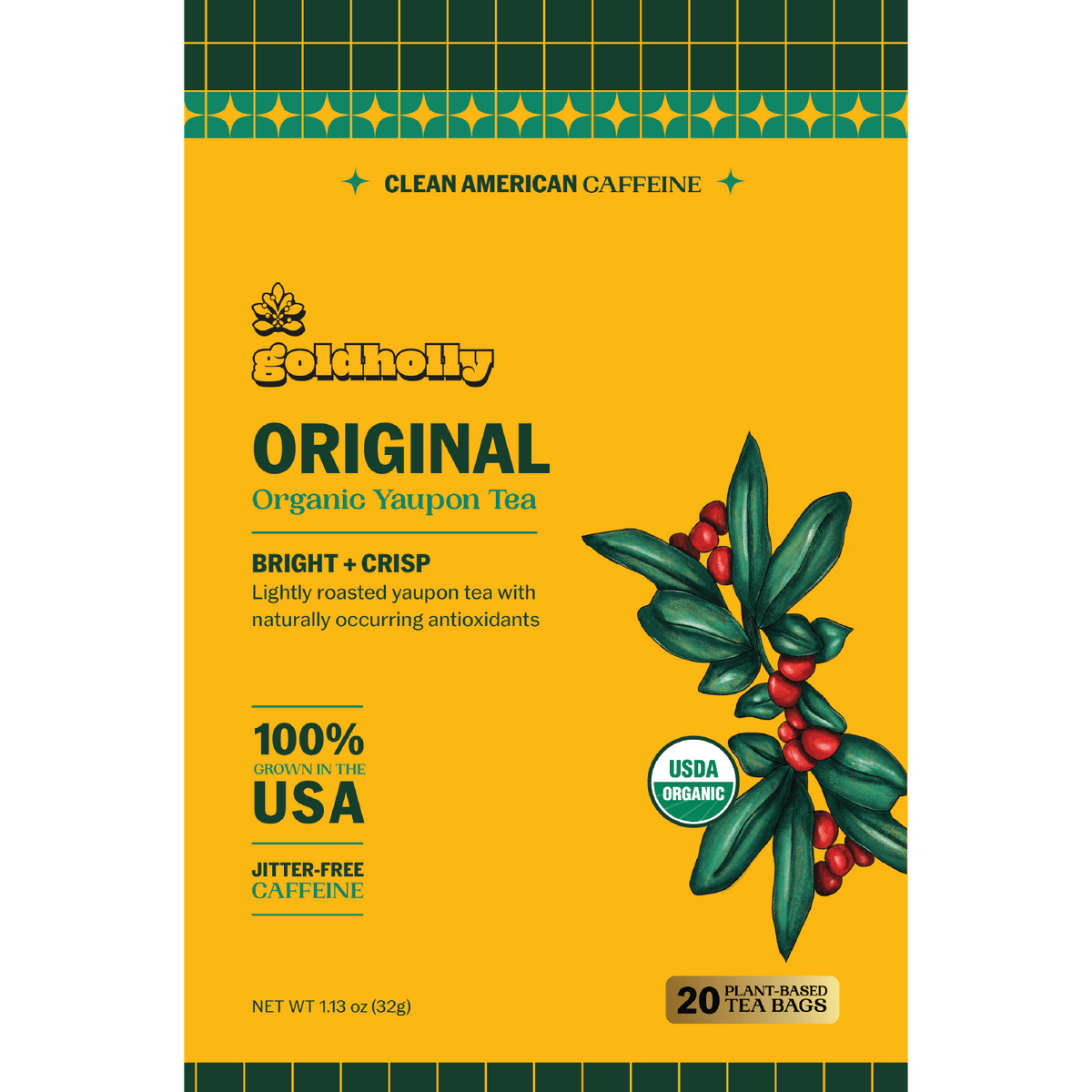 Goldholly Original organic yaupon tea packaging front: bright and crisp light roast, 100% grown in the USA, jitter-free caffeine, USDA Organic, 20 plant-based tea bags