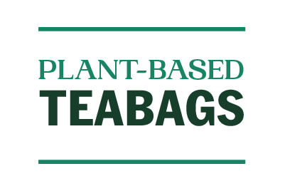 Plant-based teabags badge in deep green text on a black background, highlighting Goldholly's use of non-woven PLA teabags made from plant-derived materials for a cleaner brewing experience.