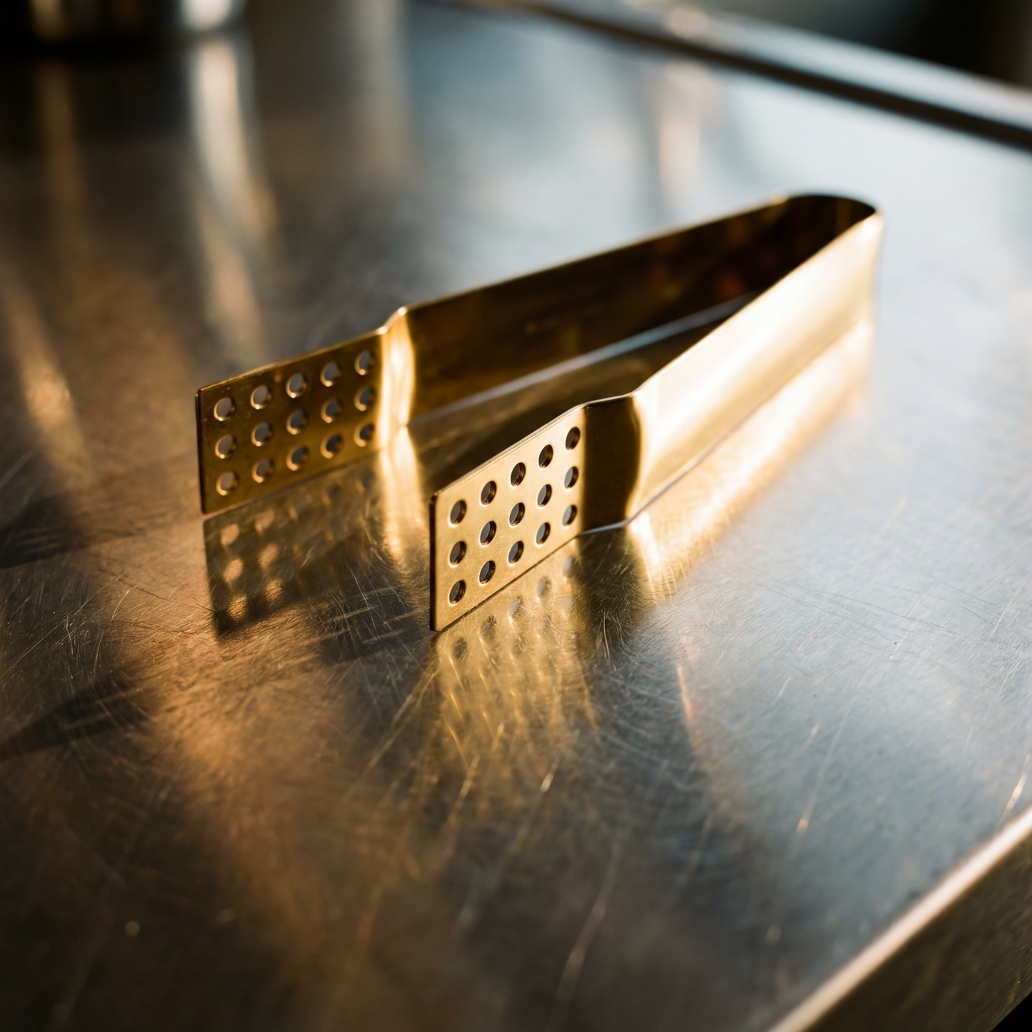 Golden metal teabag tongs on a metal countertop.