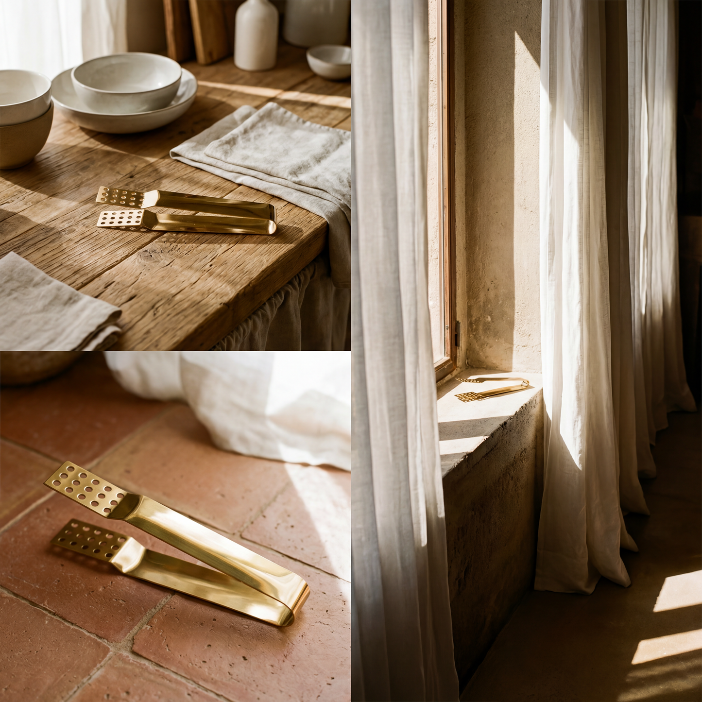3 frames of golden teabag tongs in different contexts - on a wooden table, on a brick counter, and in a window nook.