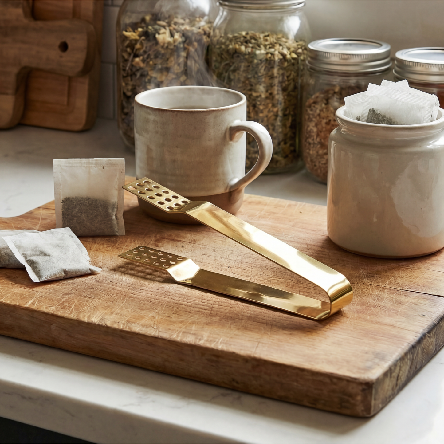 Teabag tongs on a wooden cutting board, with a mug of tea and teabags next to it on a kitchen countertop.