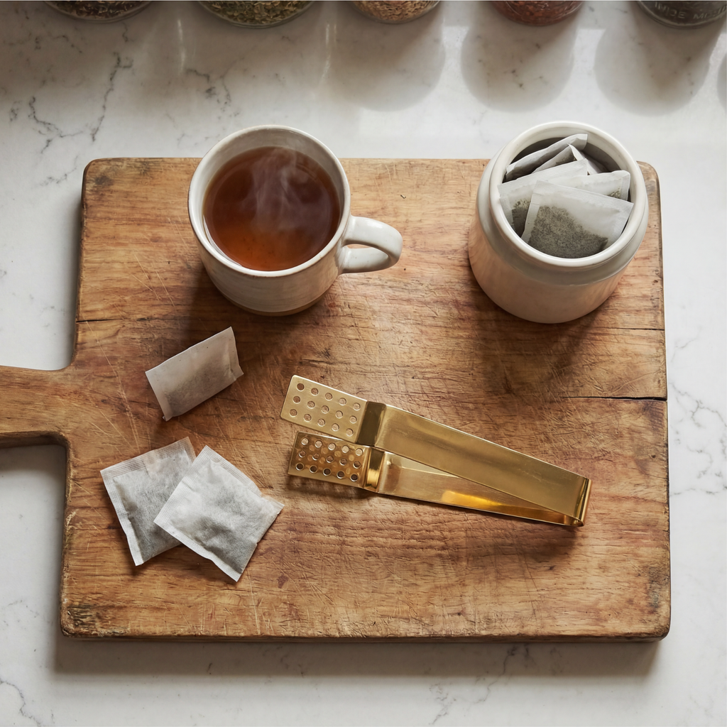 Teabag tongs on a wooden cutting board, with a mug of tea and teabags next to it.--7