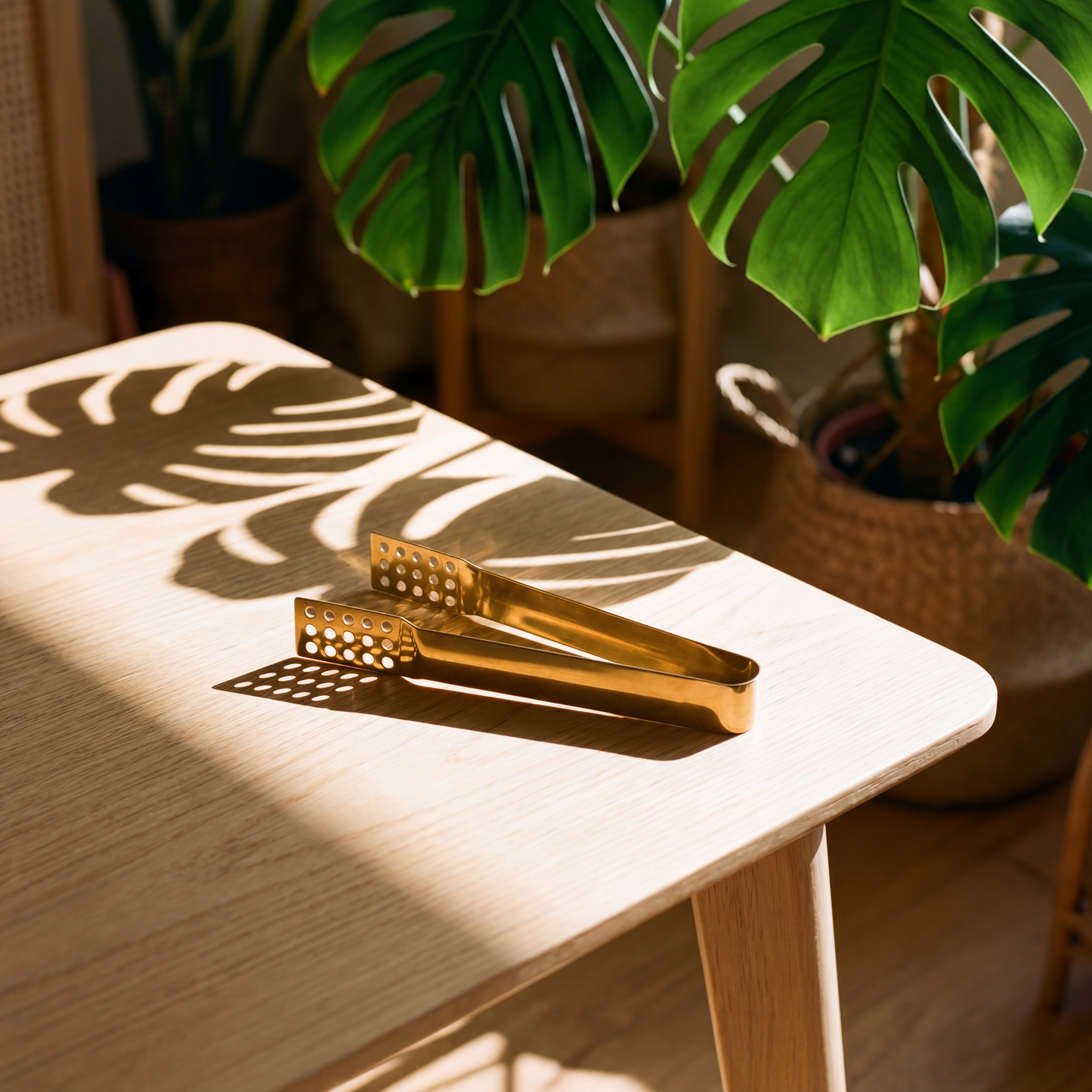 Teabag tongs on a wooden table next to a monstera plant.
