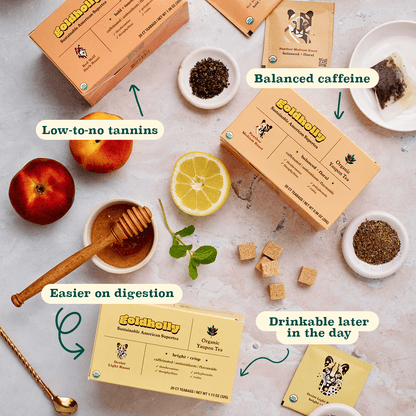 Goldholly organic yaupon tea three-roast bundle flatlay showing balanced caffeine, low-to-no tannins, easier digestion, and drinkable later in the day benefits with honey, fruit, and tea ingredients