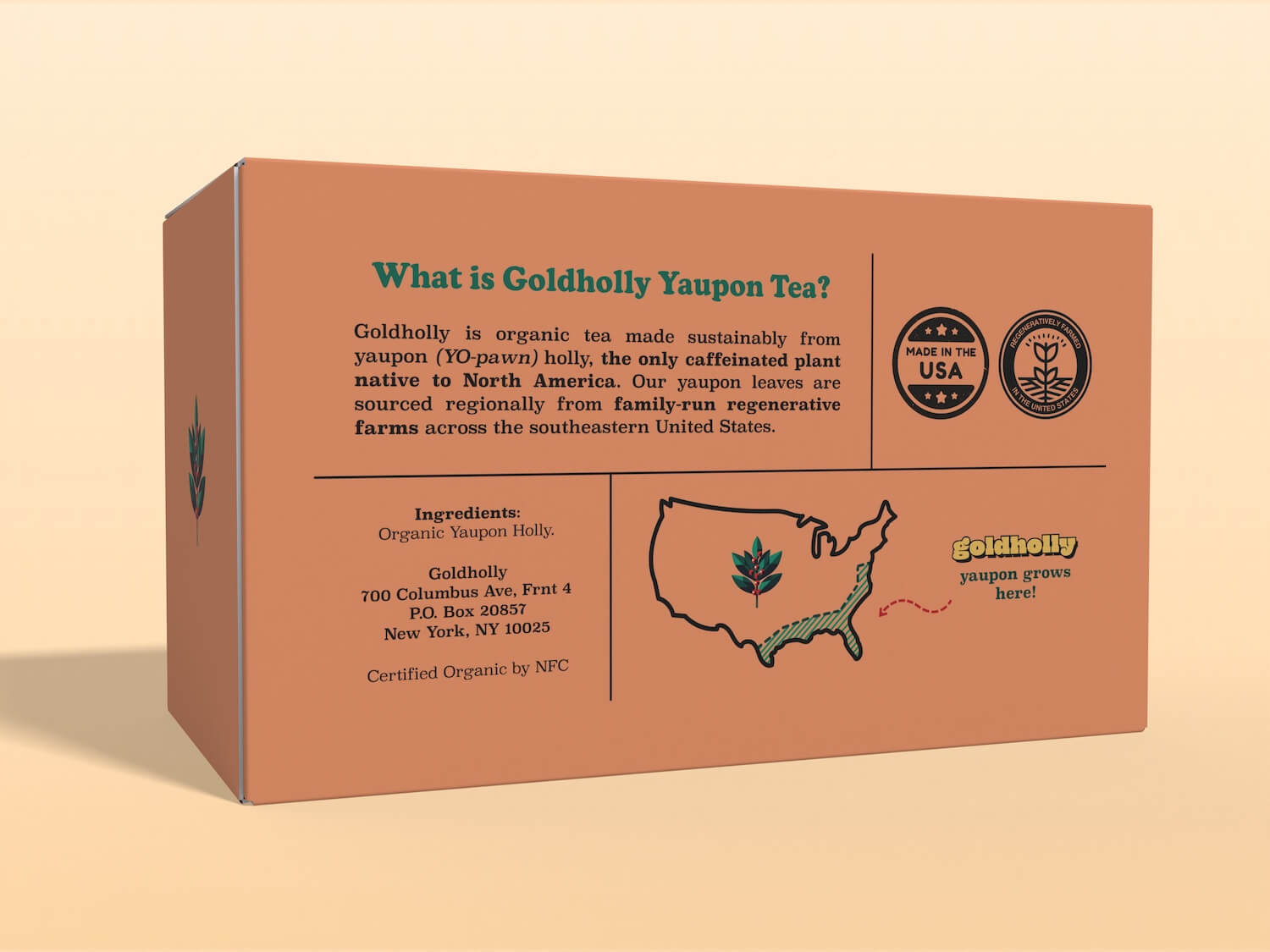 Goldholly Organic Yaupon Tea Dark Roast box packaging rear panel explaining yaupon as North America's only native caffeinated plant, sourced from family-run regenerative farms in the Southeast. Features USA and organic certification badges, company address, ingredients, and a map highlighting yaupon's growing region, set against a yellow background.