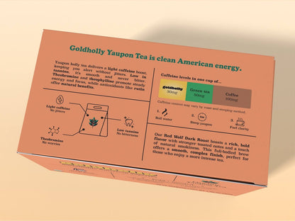 Goldholly Organic Yaupon Tea Dark Roast box packaging top panel showcasing caffeine content comparison with coffee and green tea, brewing instructions, and product benefits including theobromine and low tannins. Highlights the Dark Roast's rich, bold flavor profile with natural smokiness and a smooth, complex finish, displayed with informative icons on a yellow background.