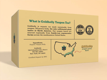 Goldholly Organic Yaupon Tea Light Roast box packaging rear panel explaining yaupon as North America's only native caffeinated plant, sourced from family-run regenerative farms in the Southeast. Features USA and organic certification badges, company address, ingredients, and a map highlighting yaupon's growing region, set against a yellow background.