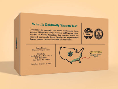 Goldholly Organic Yaupon Tea Medium Roast box packaging rear panel explaining yaupon as North America's only native caffeinated plant, sourced from family-run regenerative farms in the Southeast. Features USA and organic certification badges, company address, ingredients, and a map highlighting yaupon's growing region, set against a yellow background.