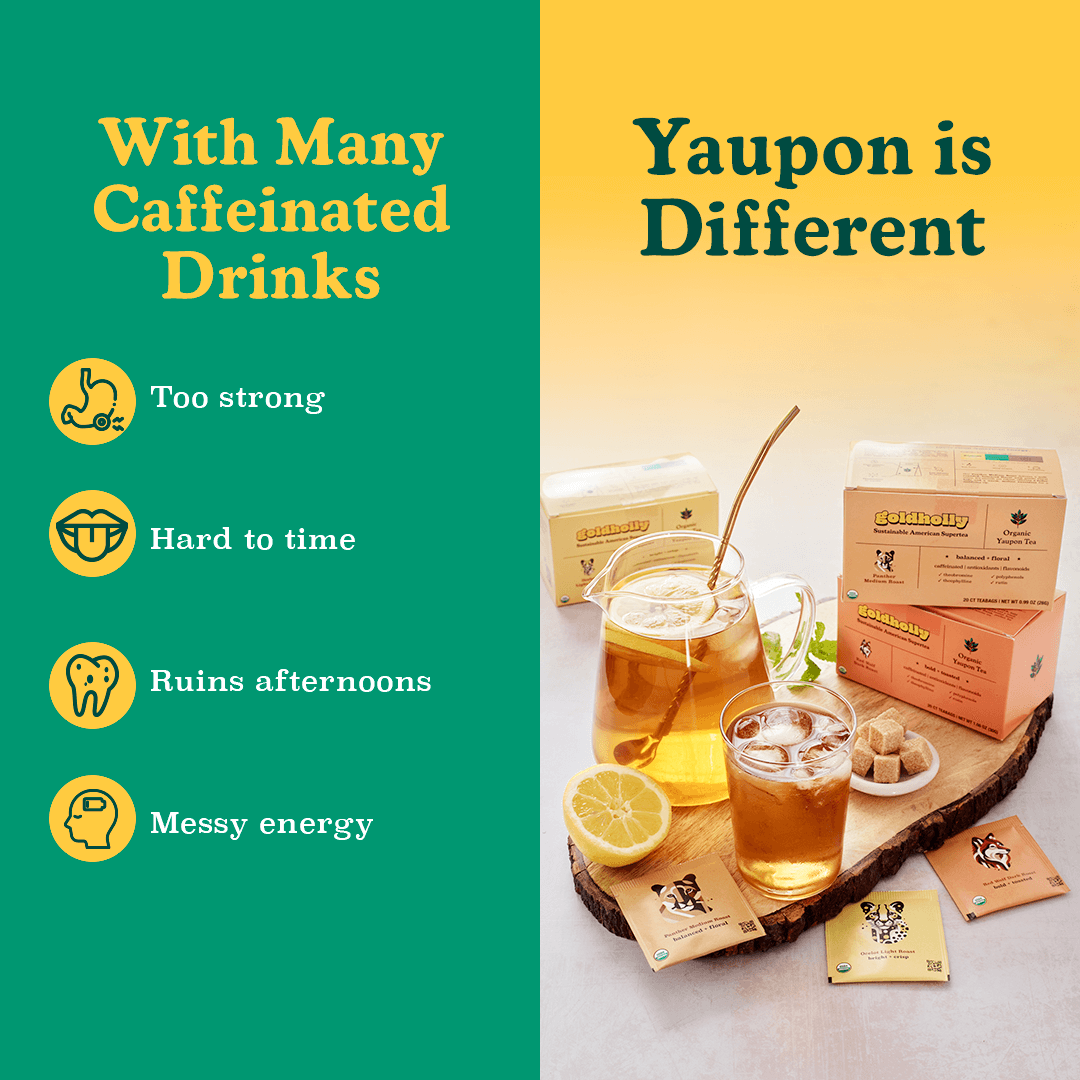 Comparison showing why yaupon tea is different from caffeinated drinks: avoids too strong, hard to time, ruins afternoons, and messy energy problems common with coffee and energy drinks
