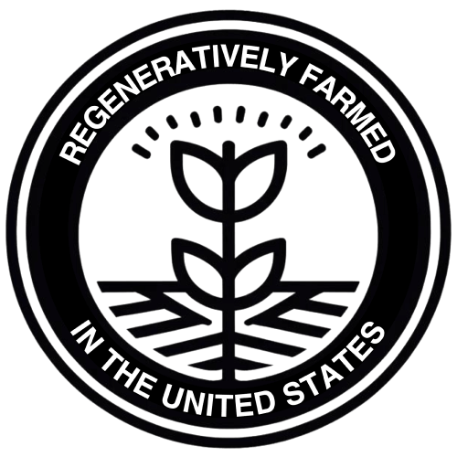 Seal for regeneratively farmed products in the United States, featuring a plant graphic symbolizing sustainable and eco-friendly agricultural practices.